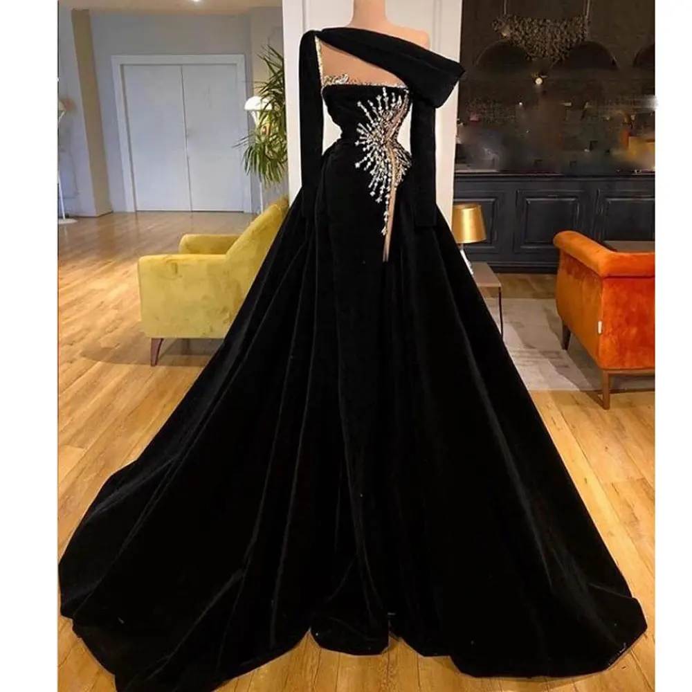 

Asymmetrical One-Shoulder Party Gowns Black A-line Sweep/Brush Beading Evening Dresses long-sleeved Exquisite Party Dresses