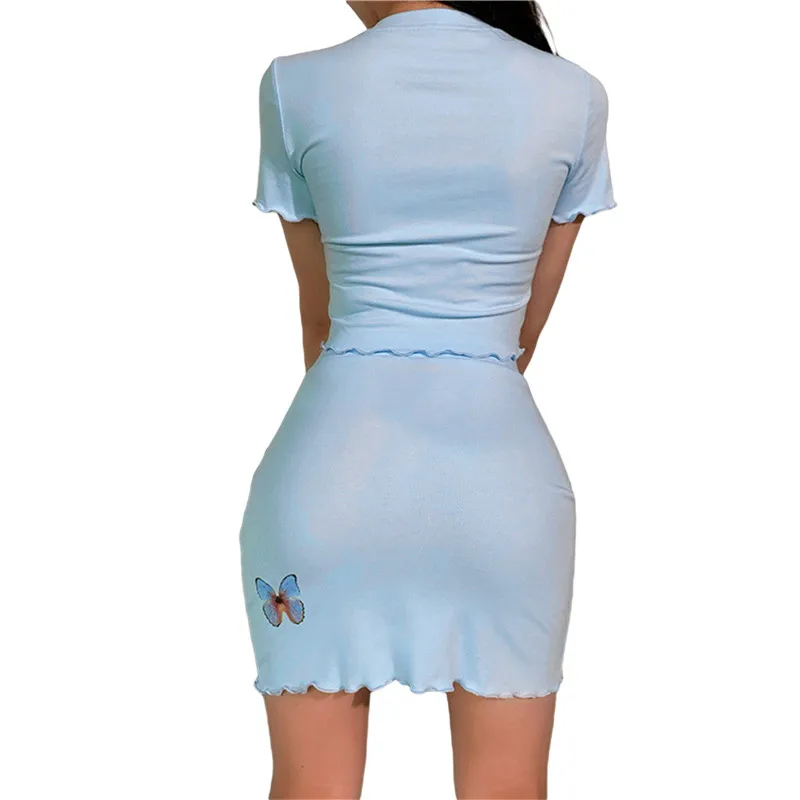 

Women's Butterfly Embroidery Pattern 2Pcs Set, Short Sleeve Ruffled Hem Crop Tops with High Waits A-line Skirt