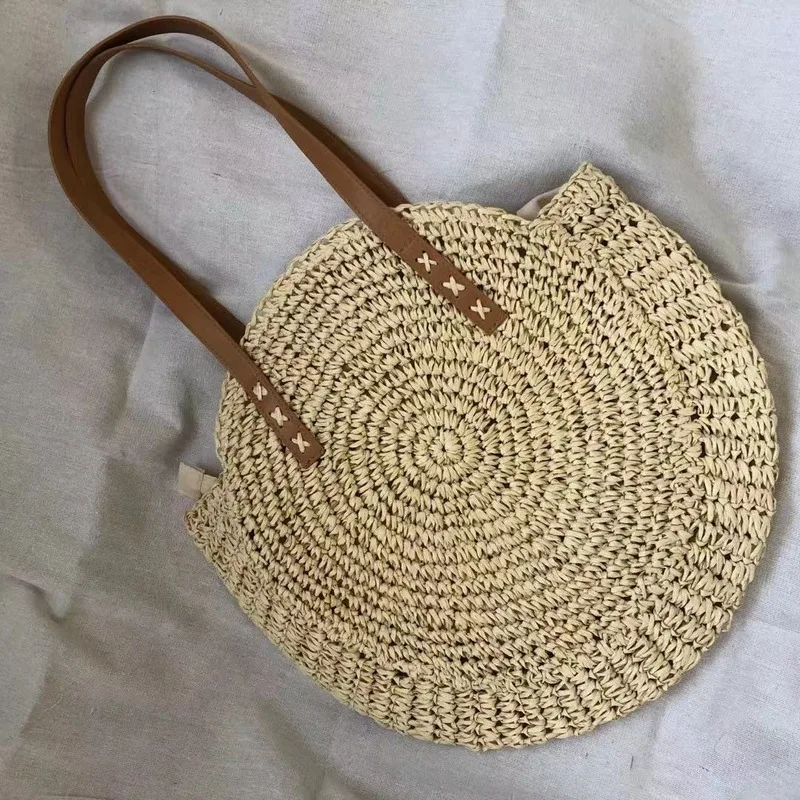 

Ins Simple Round Shoulder Woven Bag Summer Fresh and Sweet Beach Bag Holiday Bag Rattan Shoulder Portable