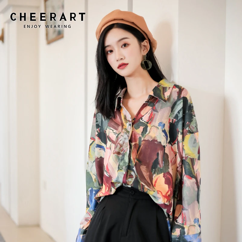 Женская блузка на пуговицах CHEERART с длинным рукавом и принтом импрессионизма