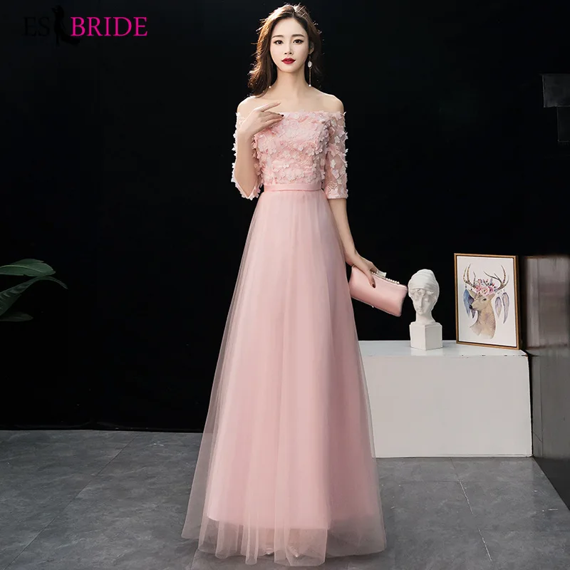 Женское вечернее платье в мусульманском стиле розовое элегантное с кружевной