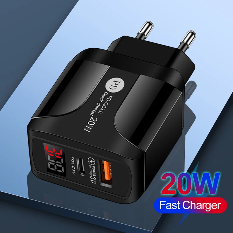 

20W Dual Port Charger QC 3.0 PD USB Type C Fast Charging Wall Adapter EU US UK Charger Pulg For iPhone 13 Pro Max Xiaomi Huawei