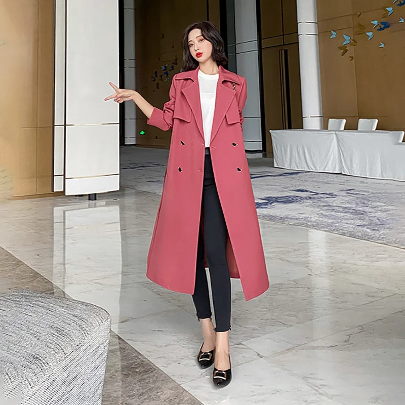 

Women's Windbreaker Spring Autumn Korean Loose Long Ladies Cloak Casual Bean Paste Red Quality Jacket Simple Trench Coat Female