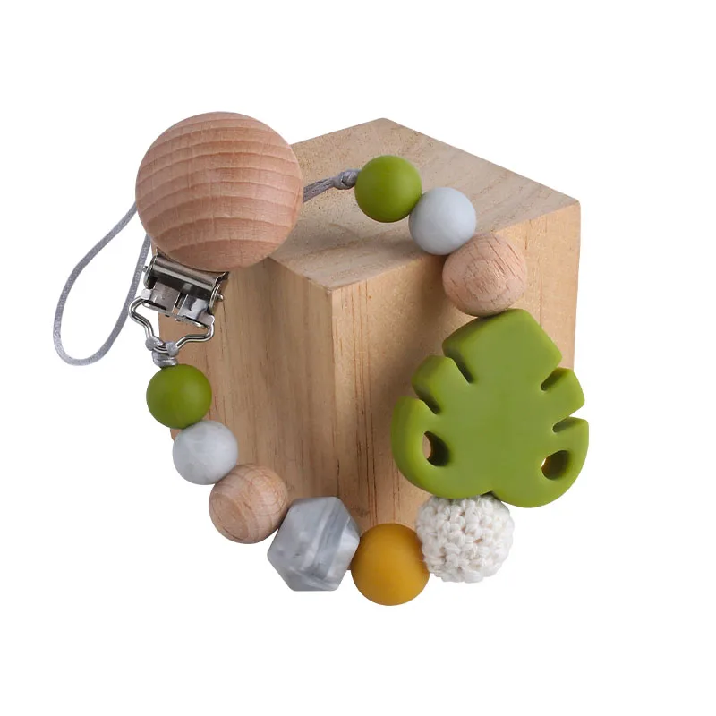 1pcs Round Beech Wooden Infant Baby Pacifier Clip Chain Newborn Teether Pacifier Holder Clips Silicone Beads