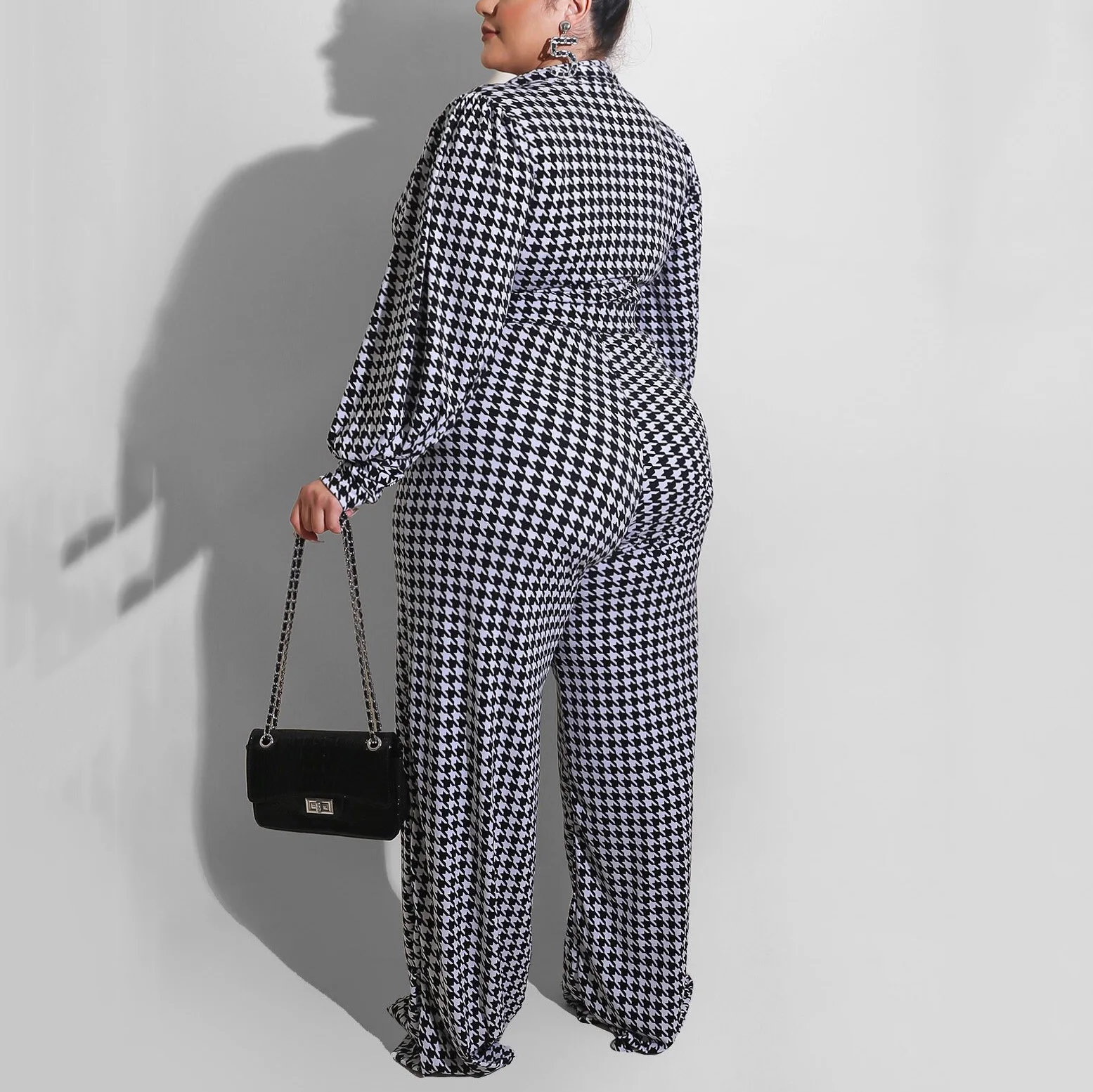 4xl 5xl Plus Size Houndstooth Jumpsuits Long Turn Down Collar Full Sleeve High Waist Elegant For Evening Party Night Rompers New