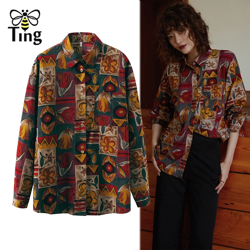 Tingfly дизайнерская винтажная с цветочным принтом Повседневная Блузка рубашки для