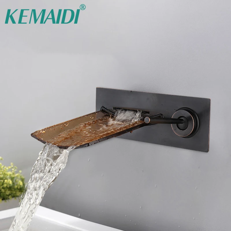 

KEMAIDI Black Wall Mounted Solid Brass Waterfall Bathtub Basin Tap Bathroom Faucet Water Tap Mixers Single Handle