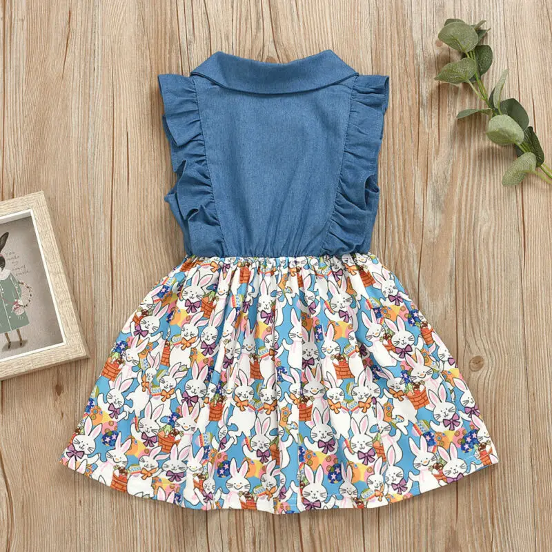 PUDCOCO Easter Kids Baby Girl Denim Ruffle Sleeveless Cartoon Rabbit Tutu Dress Clothes 1-5Y | Детская одежда и обувь