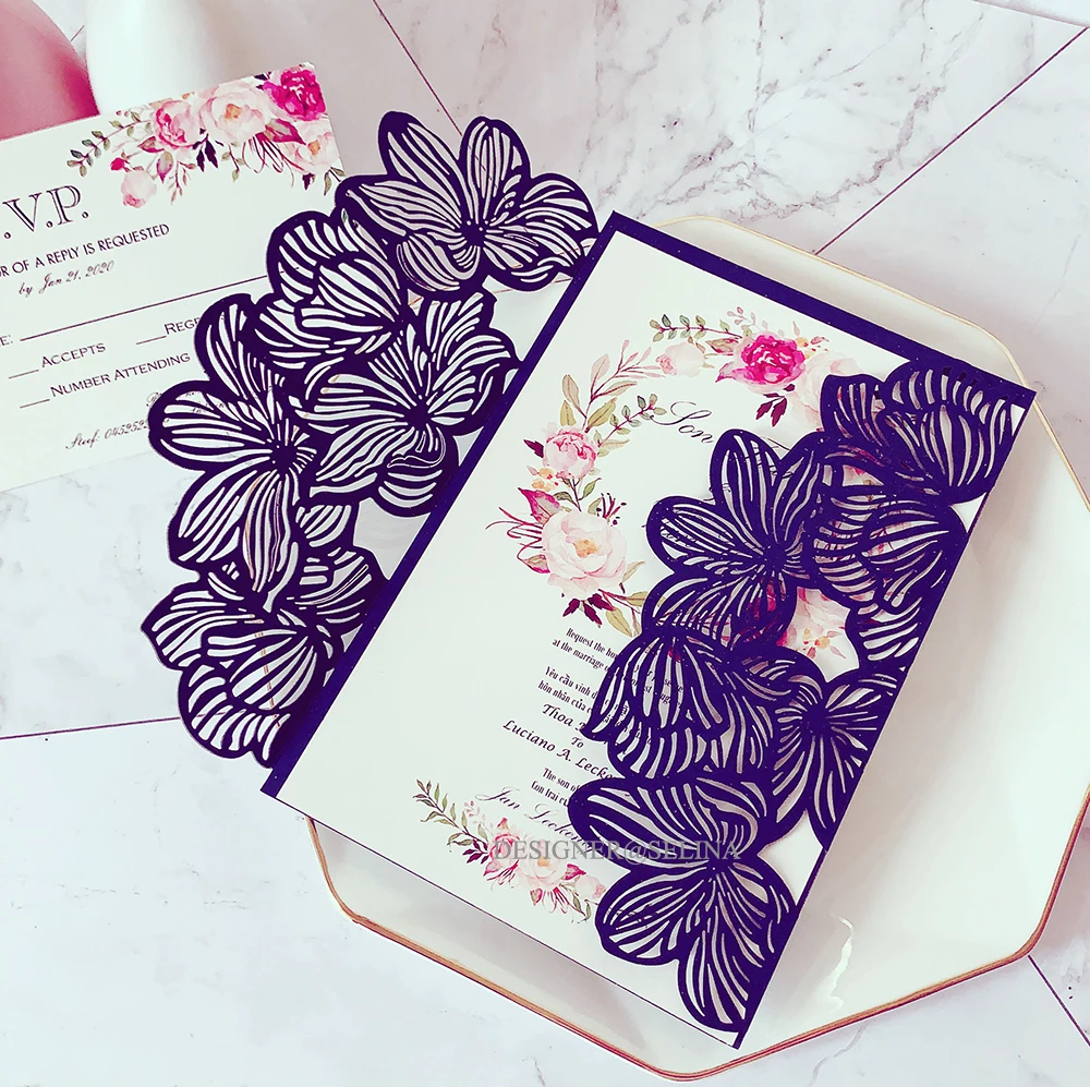 50 шт слоновой кости Блестящий лепесток лазерная резка свадебные приглашения с