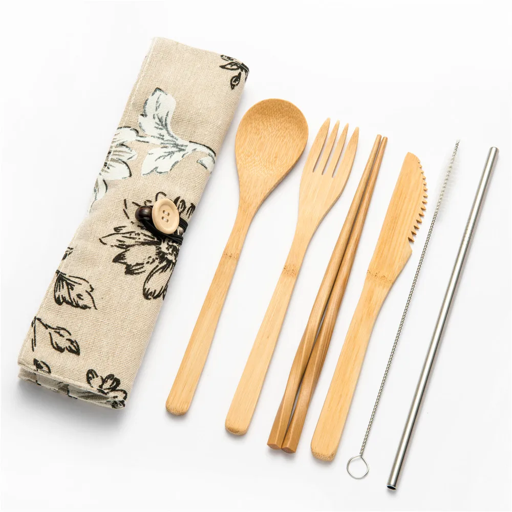 7pcs setB010 7/8/10 шт./компл. многоразовый бамбуковый набор деревянных столовых приборов вилка экологичный разделочная сумка офисных работников Пособия по кулинарии Кухня инструмент набор посуды - Цвет: 7pcs setB010