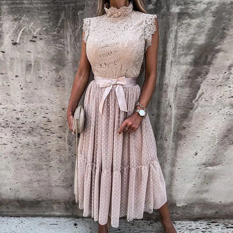 

Parquet Dress Fashion Sleeveless Office Ladies Party Dress 2021 Summer Women's Sexy Mesh Long Skirt Elegant Crochet Lace