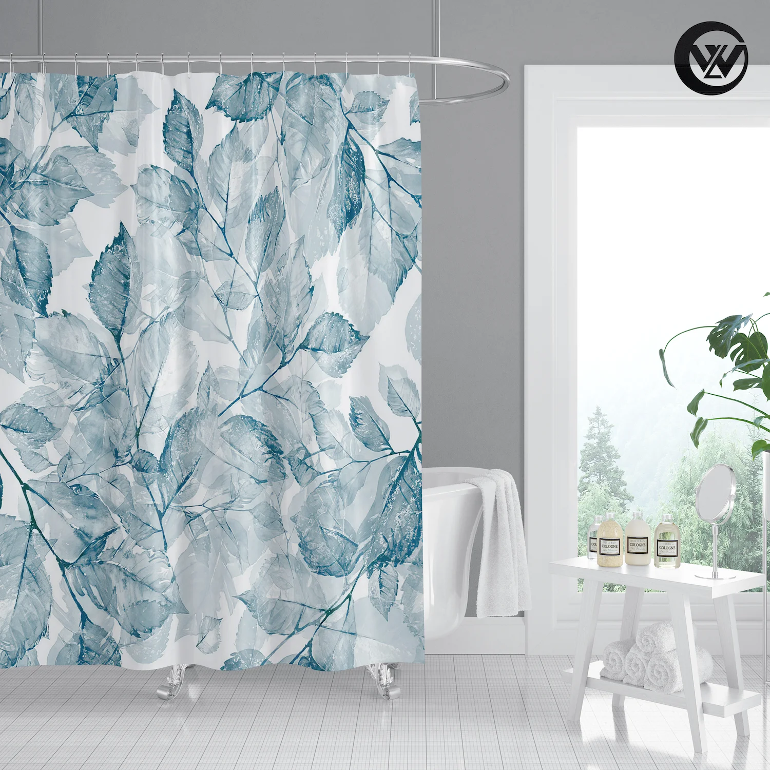 Wholesale Blue Watercolor Leaves Waterproof Shower Curtain Liner, Modern Latest 100%Polyester Bathroom Accessories Set