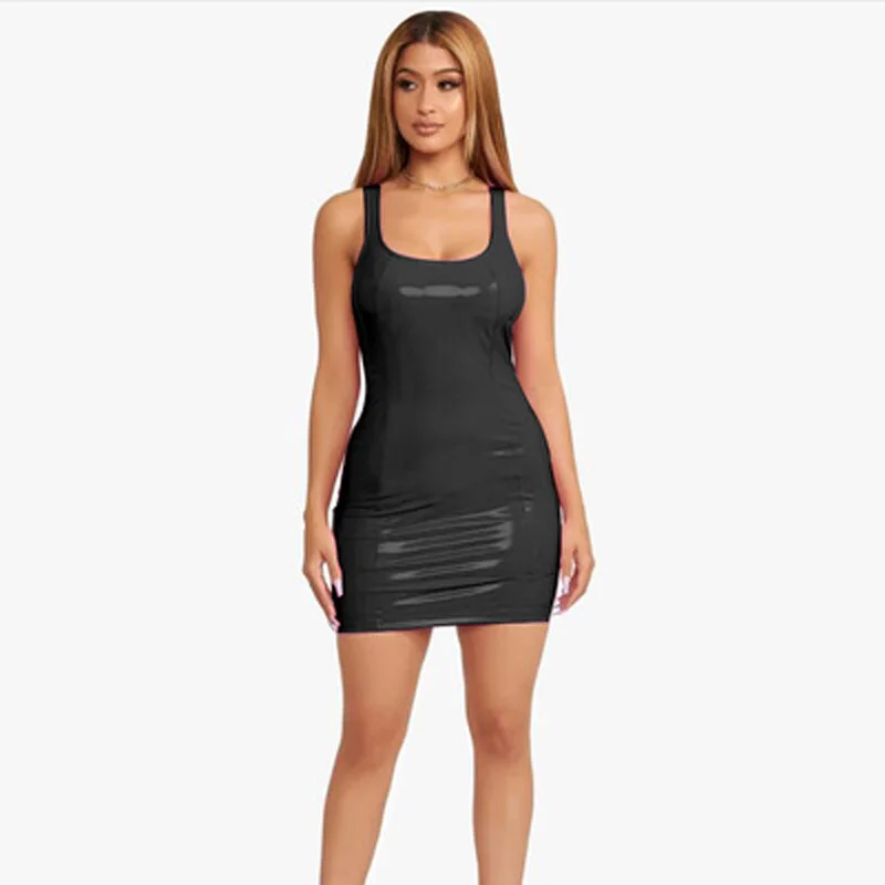 

Sexy Solid PU Leather Dress New Summer Women Sleeveless Low Cut Back Zipper Elastic Mini Dress Party Club Stretch Dresses 2021