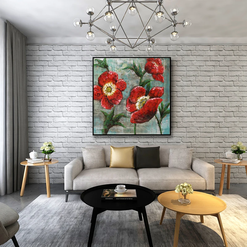 Картина из трех красных цветов и зеленых листьев в стиле ретро винтажная на