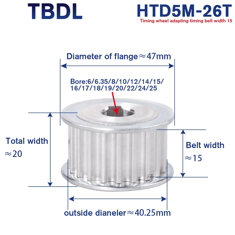 

26 Teeth HTD 5M Timing Synchronous Pulley Bore6/6.35/8/10/12/14/15/16/17/19/20/22/24/25mm for Width 15mm 5mm Pitch HTD5M 26T AF