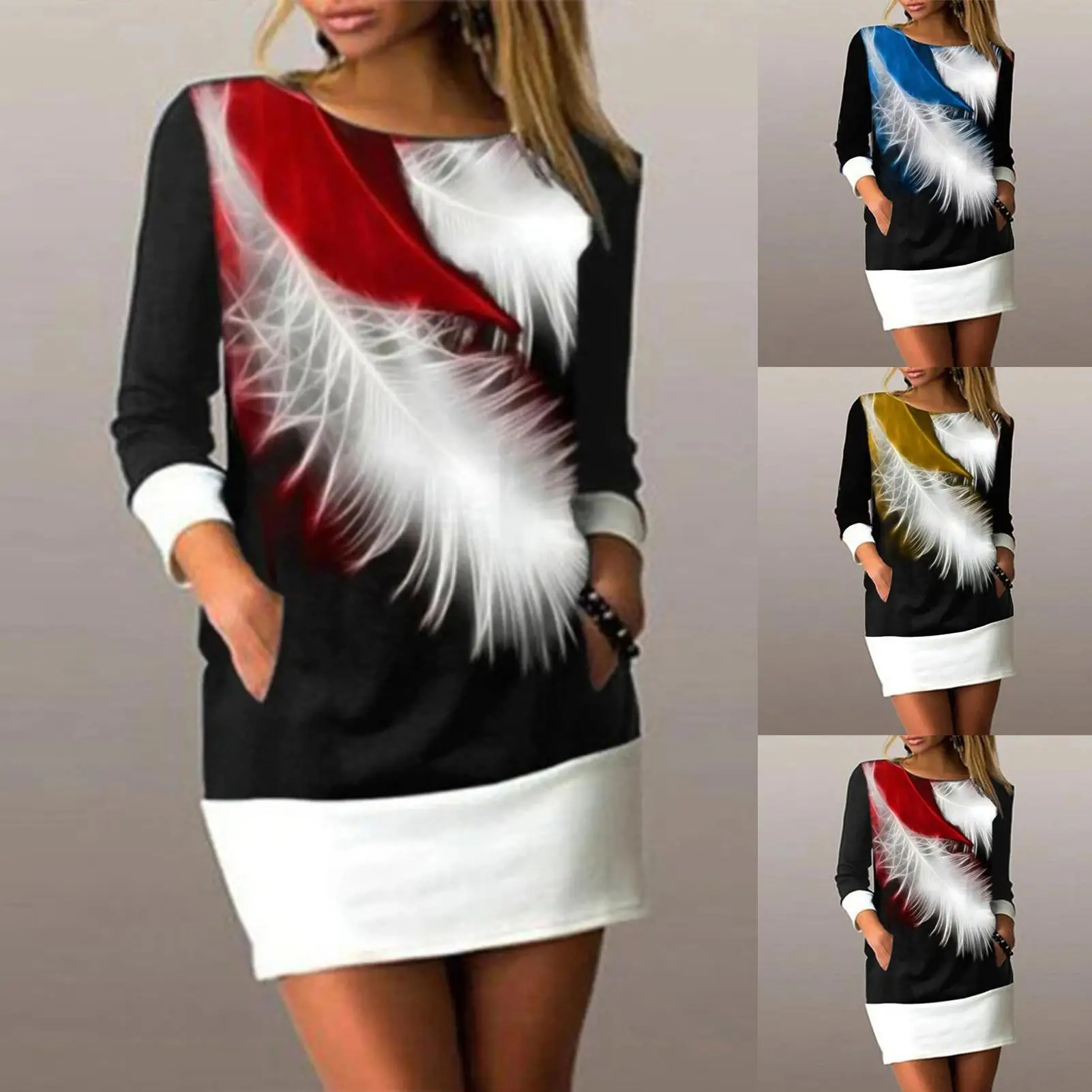 

Женское свободное мини-платье с круглым вырезом, длинным рукавом, цветными вставками, принтом в виде перьев, карманами