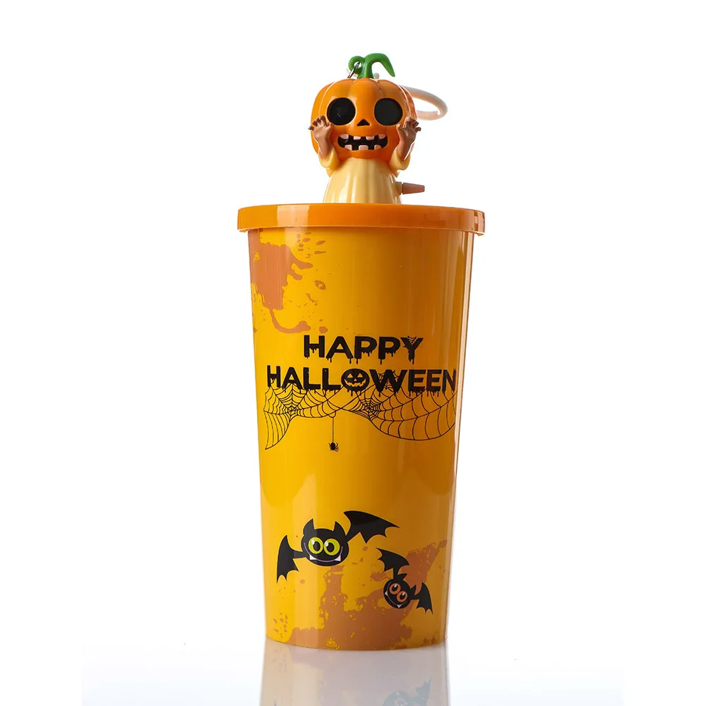 

601-700ml Pumpkin Sippy Cups for Halloween Clockwork Key Ring Doll with Lid Plastic Halloween Fun Pumpkin Toy Water Bottle