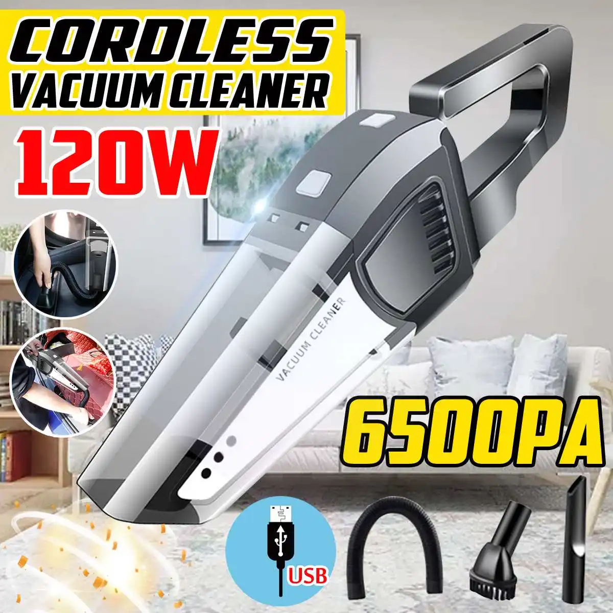 

120W Cordless Car Vacuum Cleaner DC 12V Wet and Dry Dual Use Auto Portable Vacuums Cleaner For home Office 6500pa Strong Power