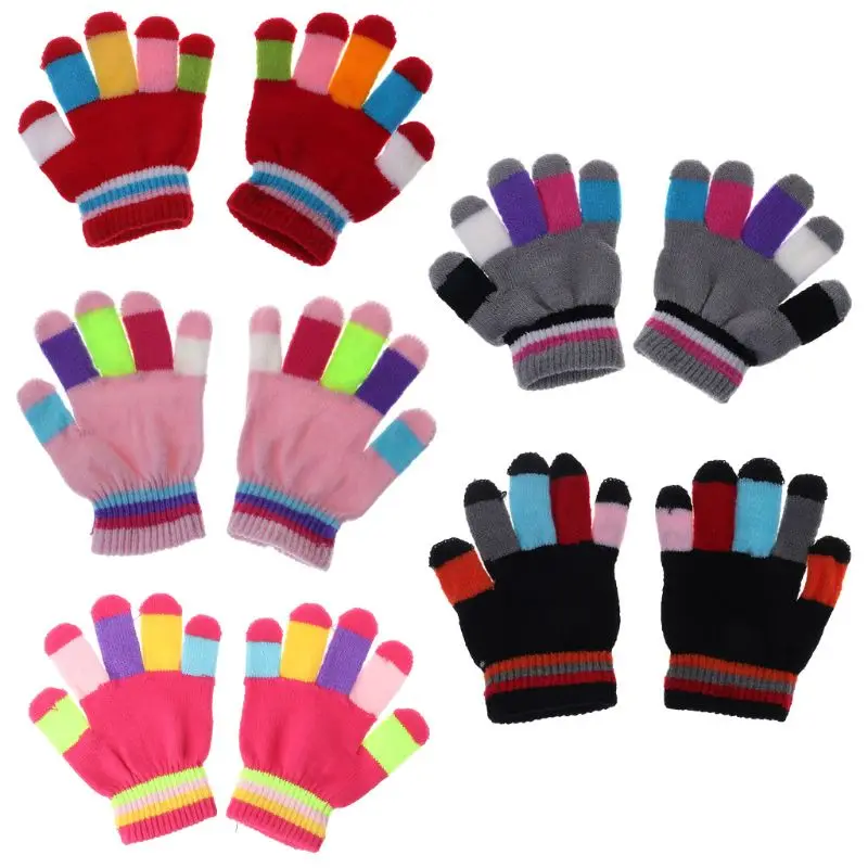 

Plush Thick Warm Baby Gloves Winter Plus Velvet Mittens Children Kids Fleece Stripe Knitted Full Finger Gloves Color Elastic