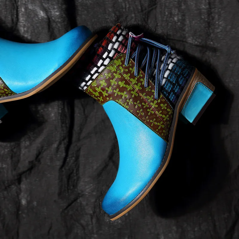 Vintage Splicing Printed Ankle Boots For Women Shoes Woman Genuine Leather Zipper Block 4-6CM Square High Heels Women Boots