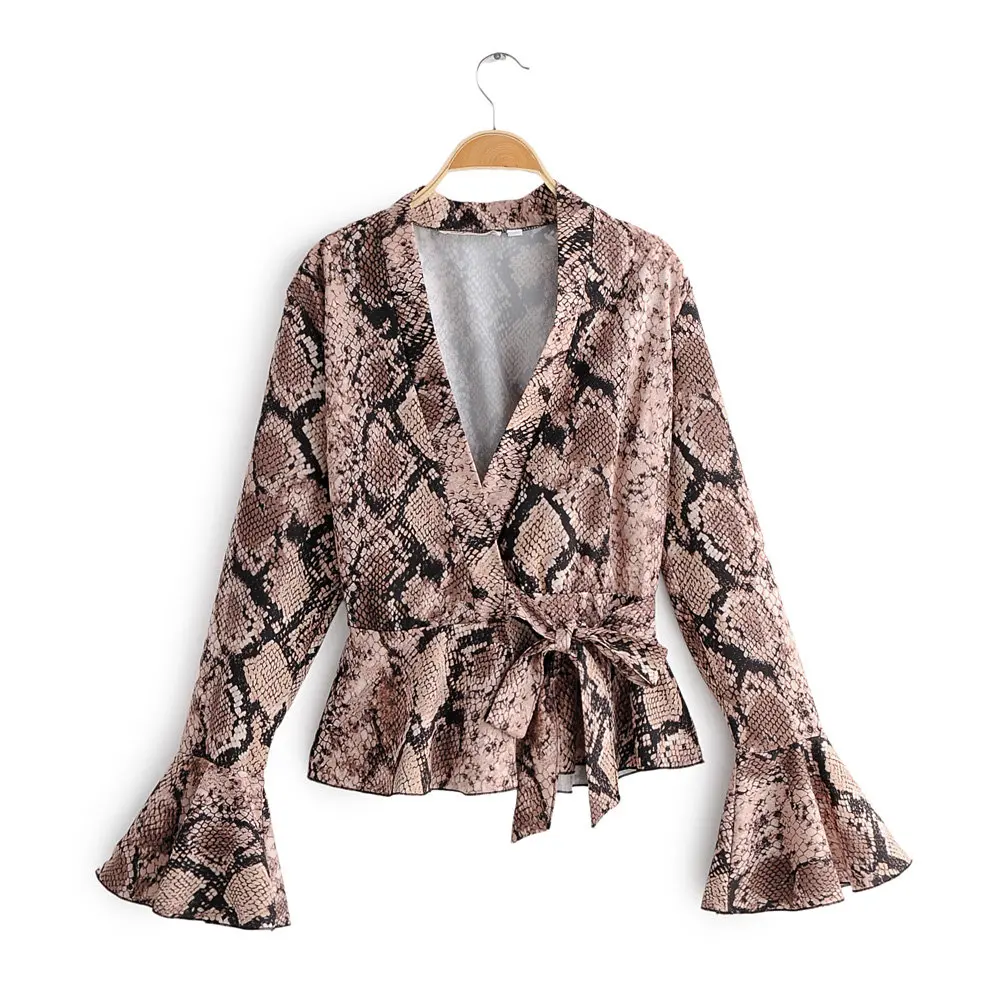Женская винтажная Блузка-кимоно с принтом змеиной кожи v-образным вырезом