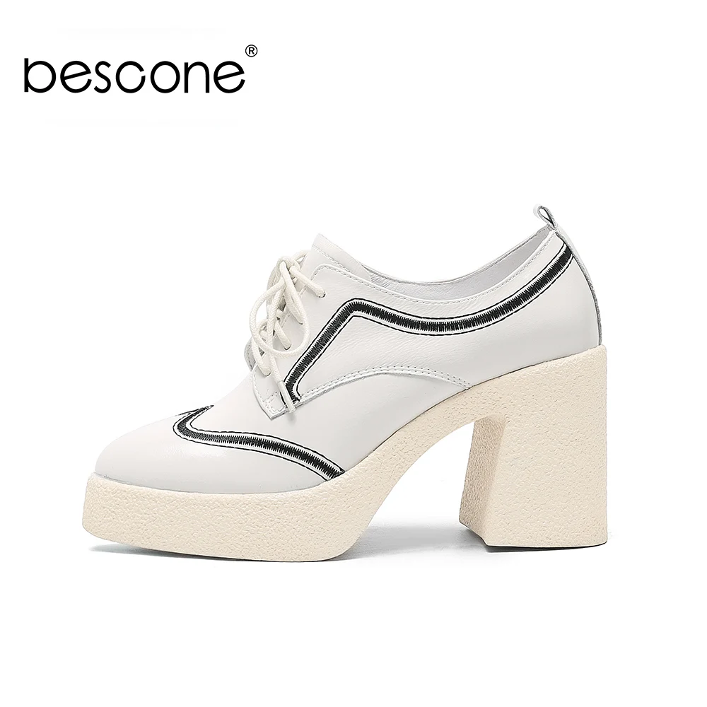

Bescone Pumps Woman Patchwork High Platform Round Toe Genuine Leather Super High Sqaure Heel Dress Shoes BM750