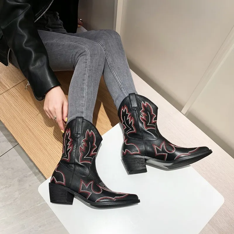 

ASUMER 2020 new Genuine leather boots women embroidery european western boots pointed toe cowboy ladies ankle boots women's shoe
