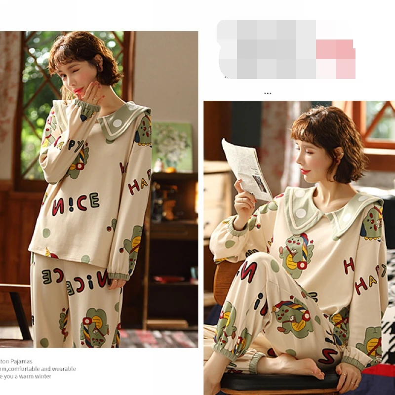 

Spring and autumn new long-sleeved pullover suit cute cartoon pajamas women can wear home clothes