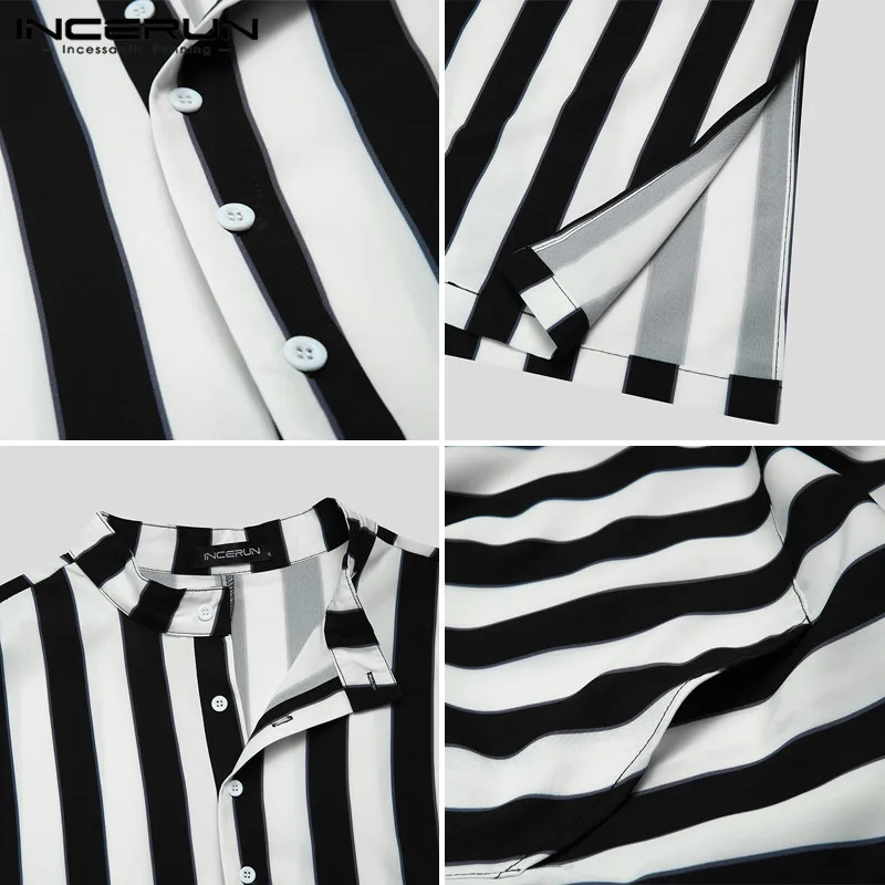 

Muslim Clothes Men Striped Men Jubba Thobe Stand Collar Short Sleeve Vintage Islamic Arab Kaftan Middle East Robes INCERUN S-5XL