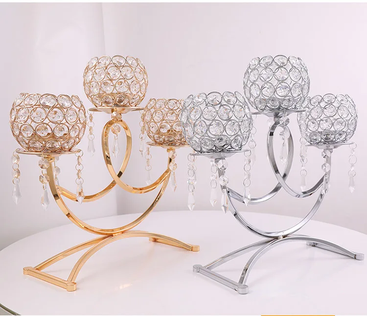 

European Creative Crystal Three-headed Candlestick Candlelight Dinner Wedding Home Ornaments Electroplating Iron Candle Table