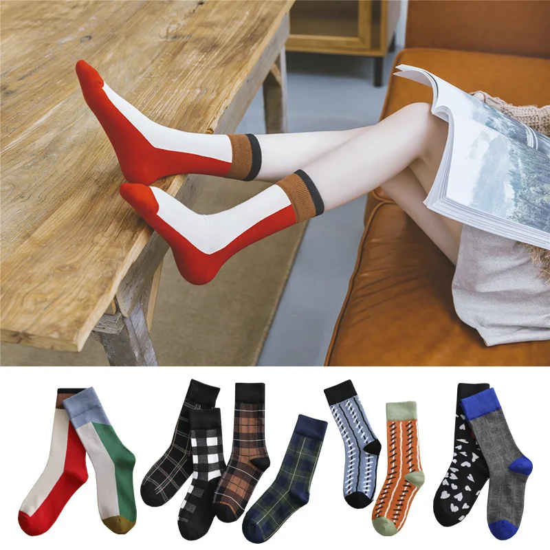 

Cotton Men's and Women's Tube Stockings Japan and South Korea Harajuku Lattice Black and White Color Matching Candy Personality