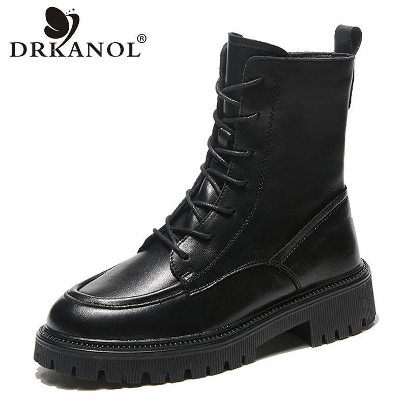 

DRKANOL Women Boots Round Toe Lace-up Zipper Split Leather Thick Heel Mid-calf Martin Boots Street Style Cowhide Casual Shoes