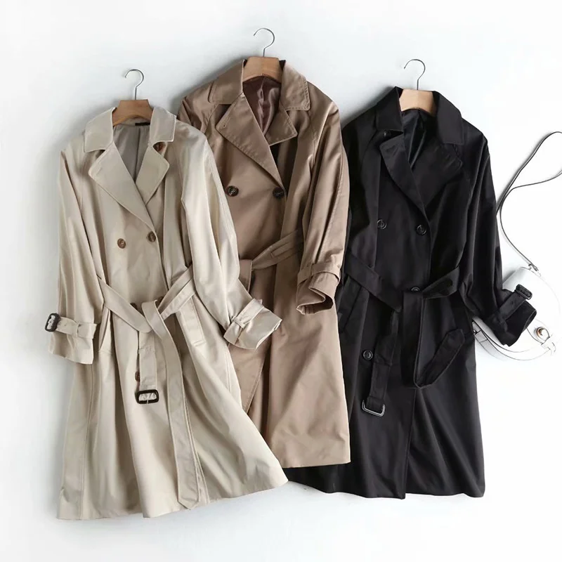 

U family fitting room autumn new style British style coat double row buckle belt medium and long windbreaker women