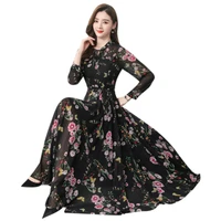 high quality large size womens long dress new autumn female floral dress long sleeve elegant slim ladies chiffon dress vintage