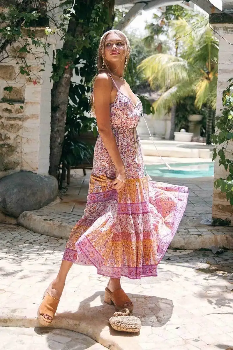 BOHO INSPIRED Lilac floral sleevless long boho dress tassle summer plus size women bohemia style beach Sundress new | Женская одежда