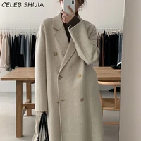 korean chic autumn and winter wool coat woman double breasted casual loose long warm wool jacket woman apricot clothing fall