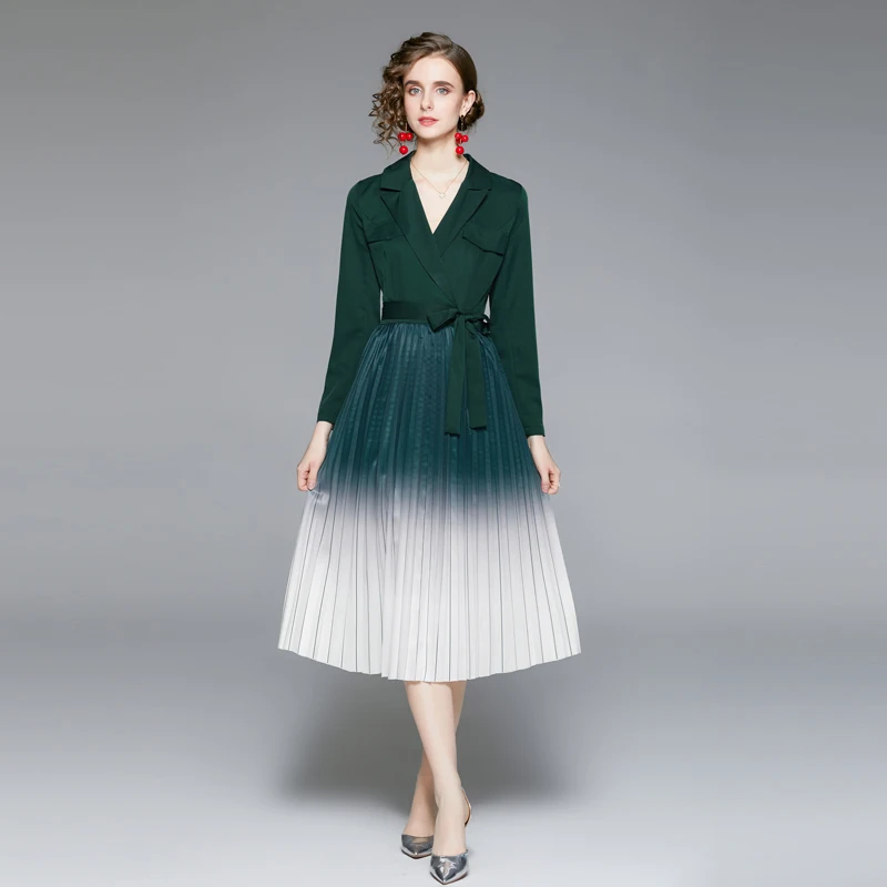 

Vestido De Mujer Spring Autumn Runway Designer Turndown Neck Pleated Dress Women Long Sleeve Hit Color Elegant Office Midi Dress