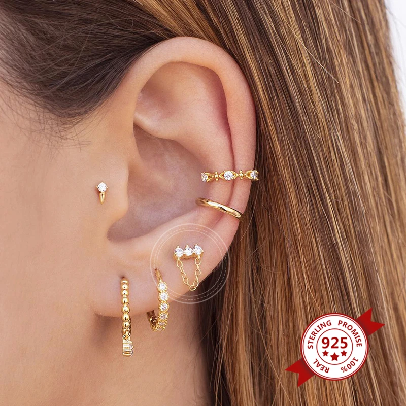 

Korean Simple 925 Sterling Silver Crystal Mini Stud Earrings For Women Exquisite Pendant Chain Bar Earrings Fashion Jewelry
