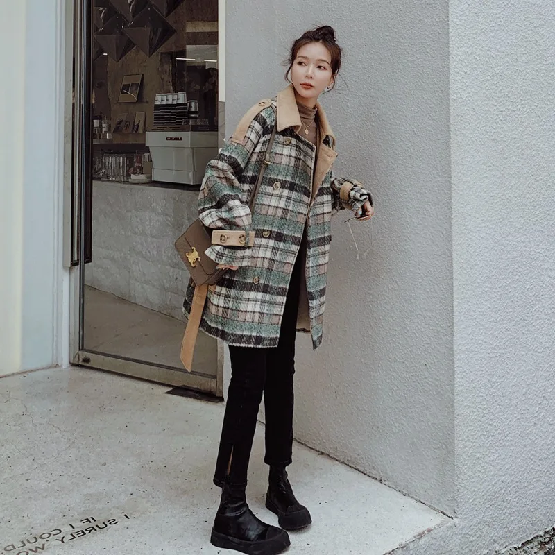 

Women Medium Long Vintage Plaid Woolen Coat Winter Double Breasted OL Slim Belt Overcoat Streetwear Loose Mixed Color Outerwear
