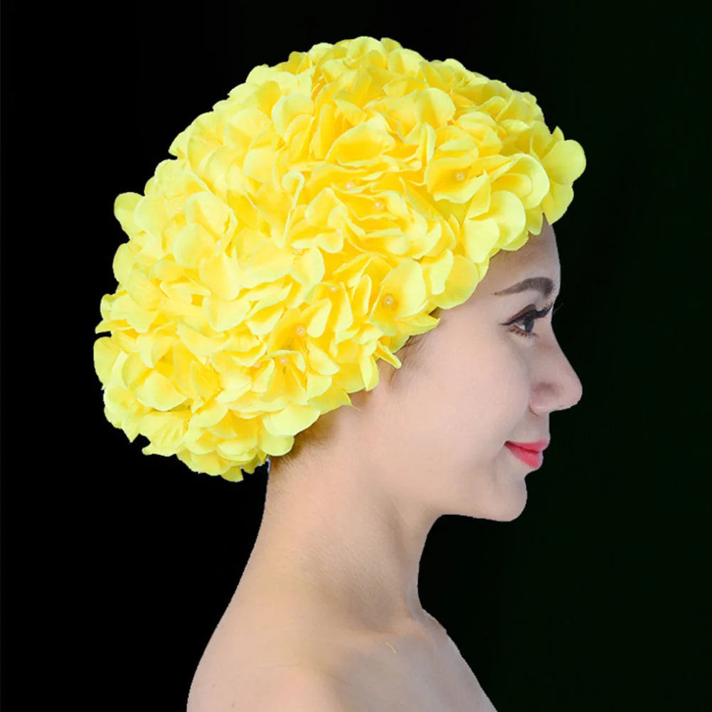 

Women Breathable Protection Elastic Soft Beach Water Sports Long Hair Handmade Free Size Flower Unique Diving Swimming Cap Solid