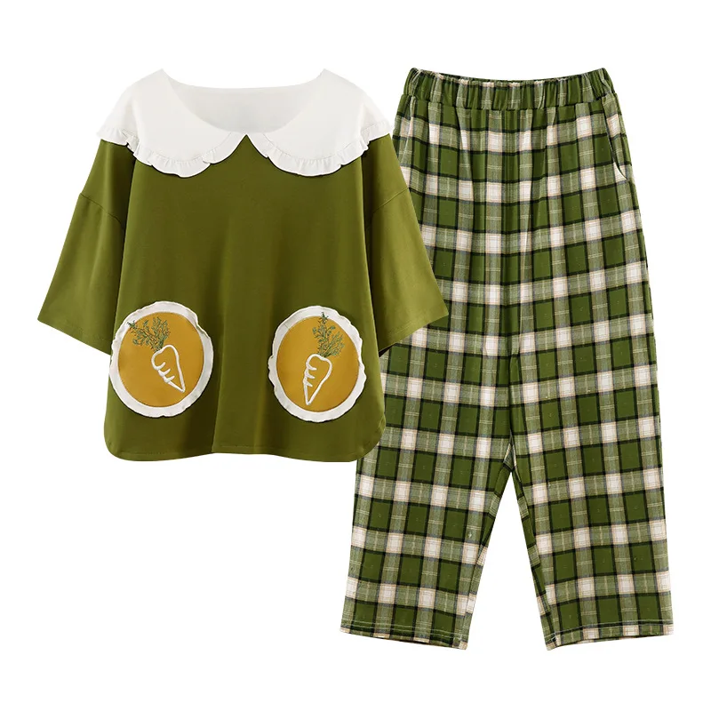 

women pure cotton sweet plaid short-sleeved doll collar sleepwear pijamas nightgowns nightdress home clothes