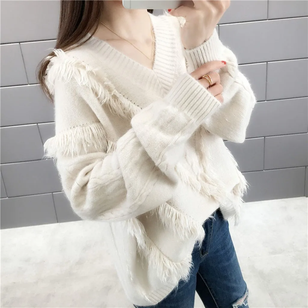 SAGACE 2020 New Autumn Winter Fringe Casual Knitted Sweater Ladies Elegant Long Sleeve V-neck Women Pullovers Tops Street Pop | Женская