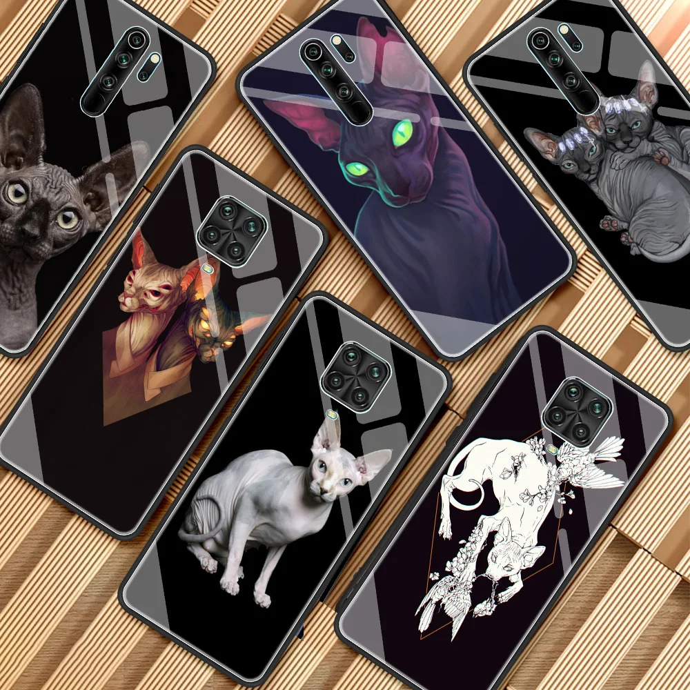 

Glass Case for Xiaomi Redmi Note 9S 8 10 Pro Max 8T 11 9 7 Poco X3 NFC 10T Lite Printing Phone Cover Coque Tattoo Sphinx Cat