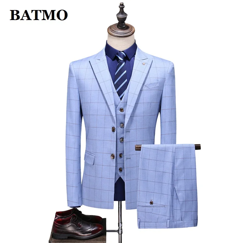 

BATMO 2020 new arrival high quality plaid casual suits men,men's wedding dress,jackets+pants+vest,plus-size S-5XL SJT106