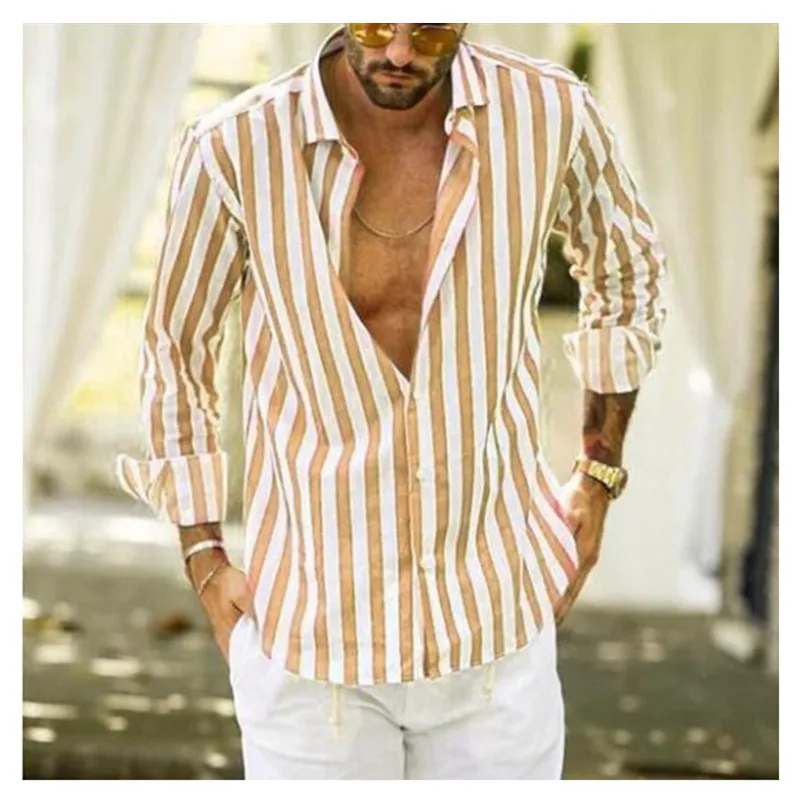 Camisa de invierno para hombre moda Vertical rayada ajustada манга larga Повседневный botón abajo camisa vestir