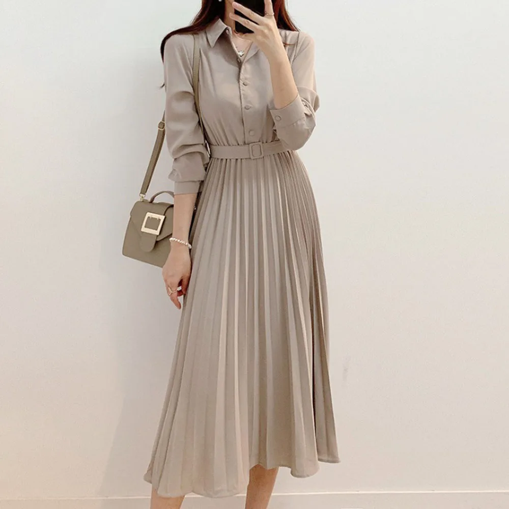 

Ladies Dress Elegant Korean Chic Spring Long Sleeve New French Niche Lapel Belt Temperament Base Long Pleated Shirt Dress Women