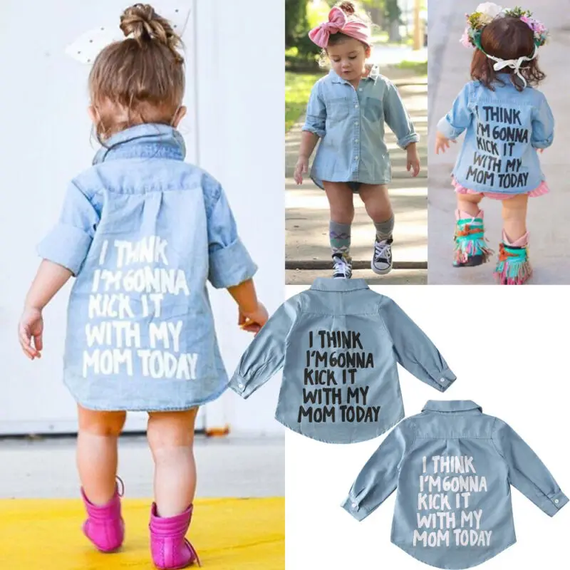 

2-7Y Autumn Toddler Kids Baby Girl Shirts Tops Clothes Denim Letter Print Long Sleeve Tops Shirt Warm Coat Shirt