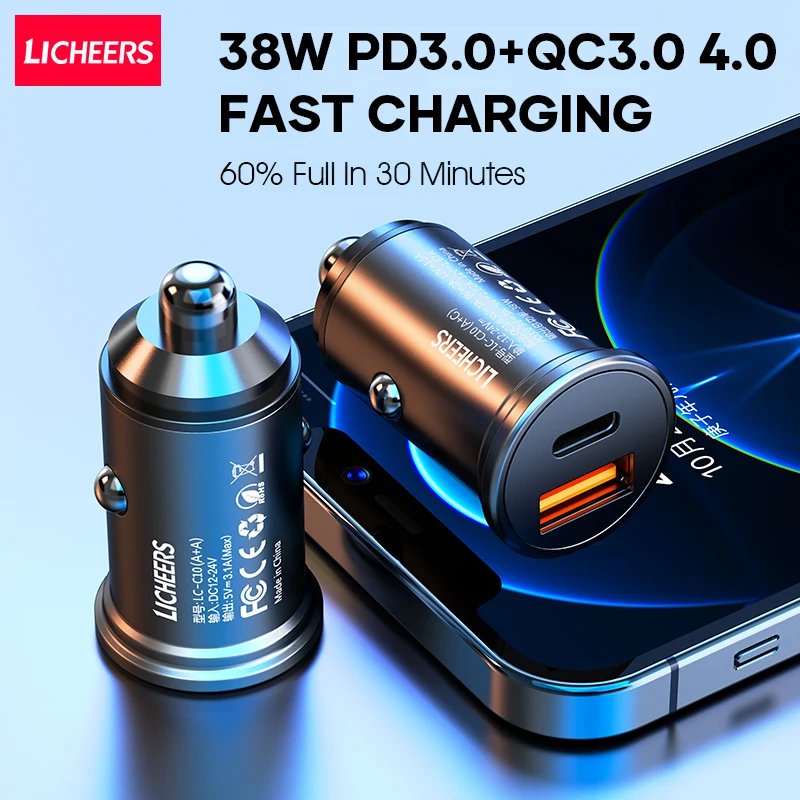 Licheers Car Charger USB 5A Phone Fast Charging 2 Port 12-24V Cigarette Socket Lighter for iPhone Xiaomi Huawei Power Adapter