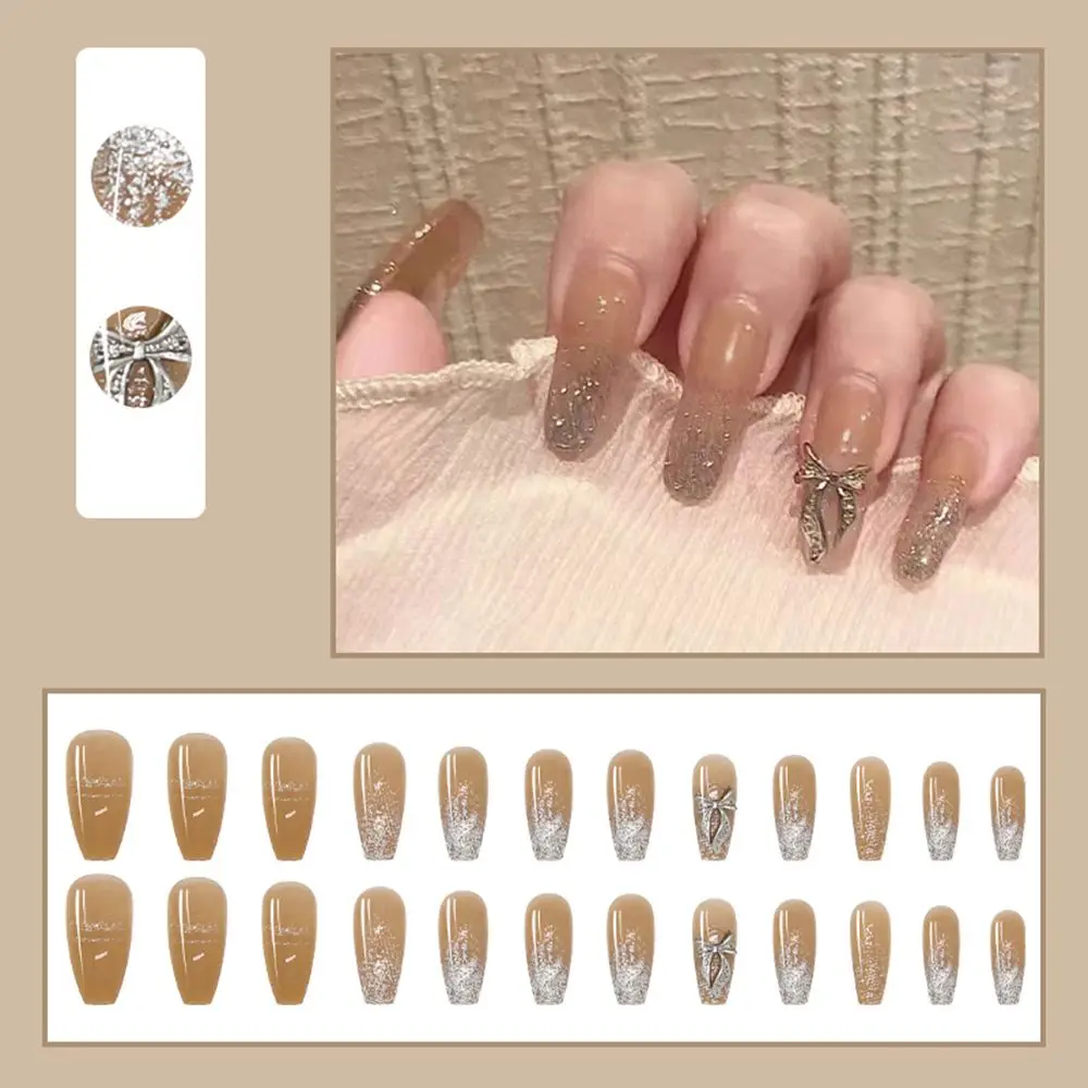 

24pcs/Set DIY Acrylic Press On Manicure Gradient False Nail Tips Fake Nails Ballerina with Bow Design