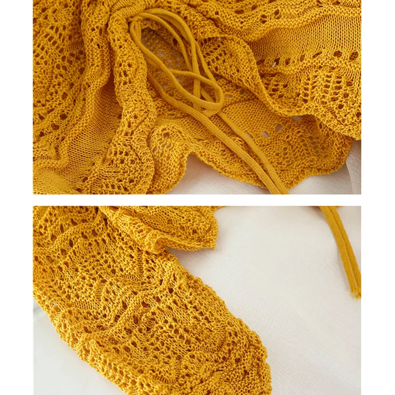 

Women Hollow Out Knitted Pullovers 2020 Spring New Thin V-neck Drawstring Long Sleeve Bottoming Sweater Knitwear Short Tops G200